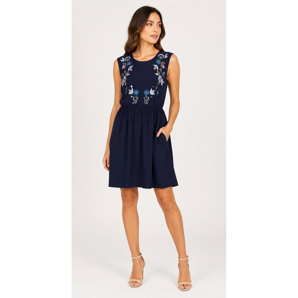 Yumi Kim Embroidered Floral Beaded Dress Women Large Navy Blue Mini Pockets Boho